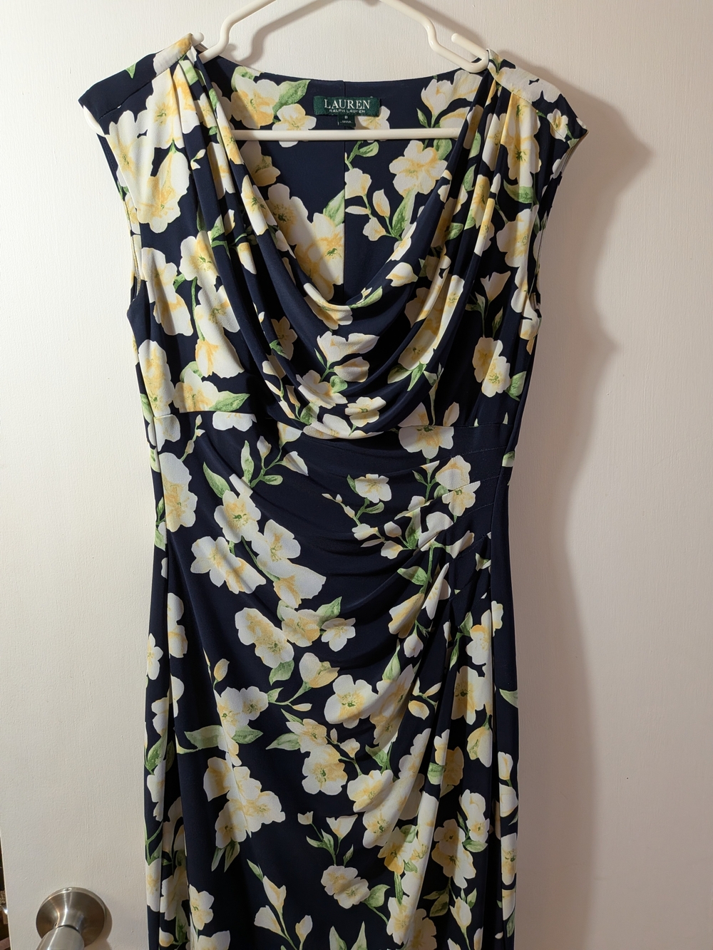 Lauren Ralph Lauren Navy Floral Cowl Midi Dress with Yellow & White Blooms